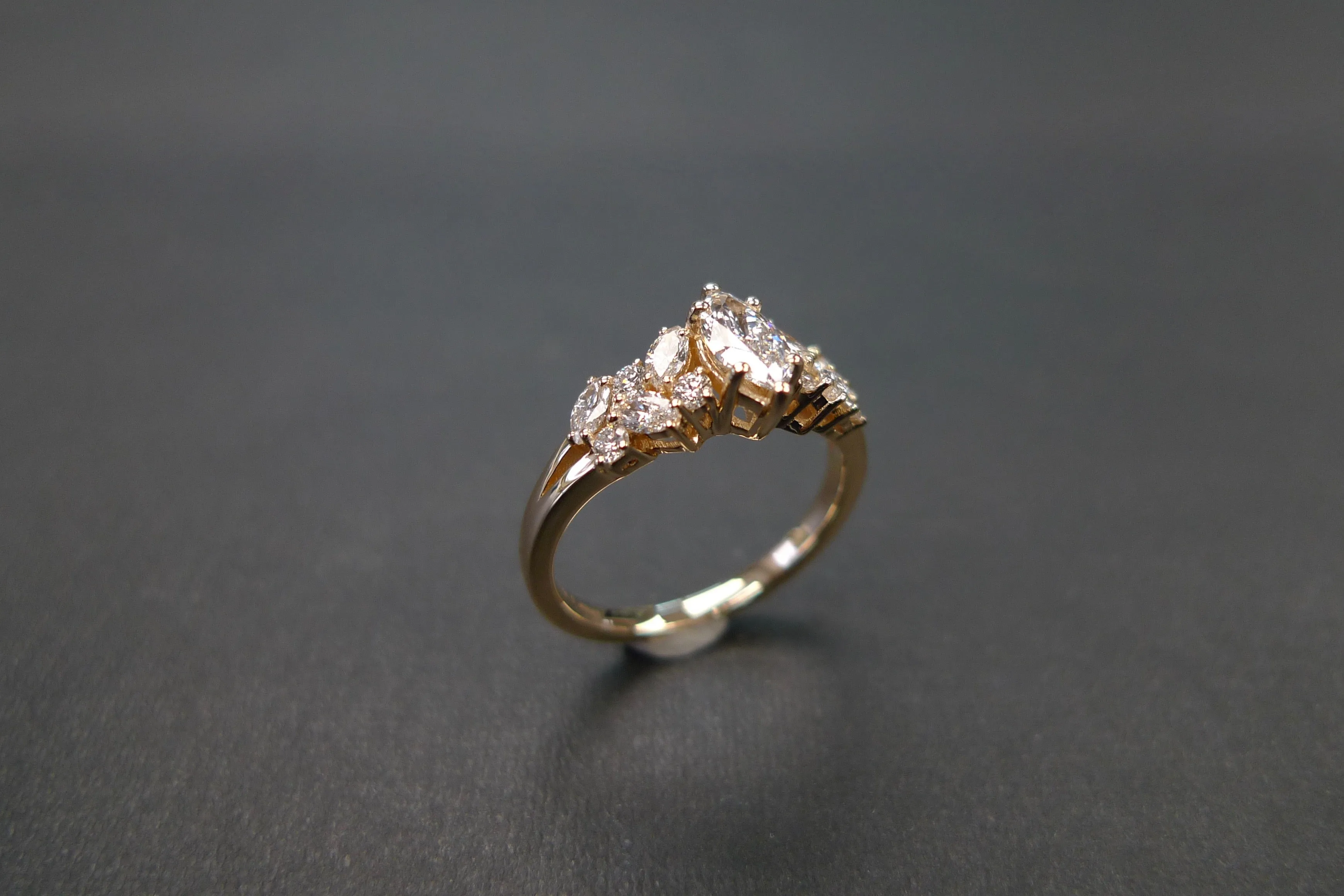 Certified 0.30ct Marquise Cut Diamond and Round Brilliant Cut Diamond Ring in Yellow Gold