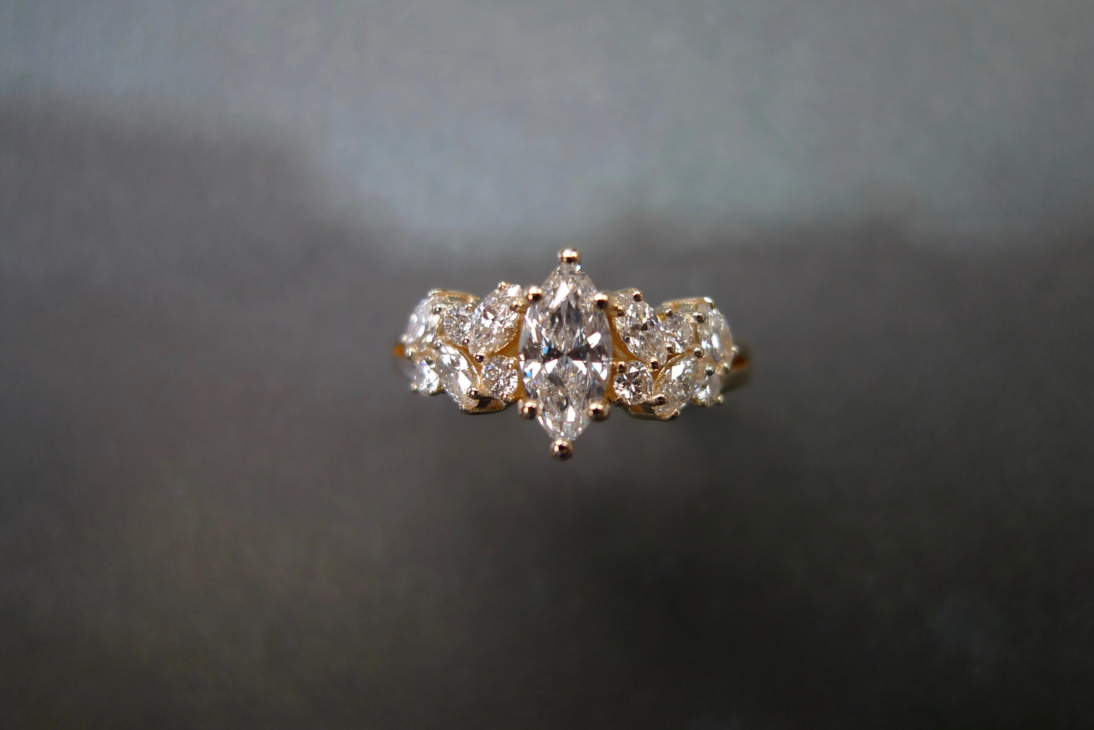 Certified 0.30ct Marquise Cut Diamond and Round Brilliant Cut Diamond Ring in Yellow Gold