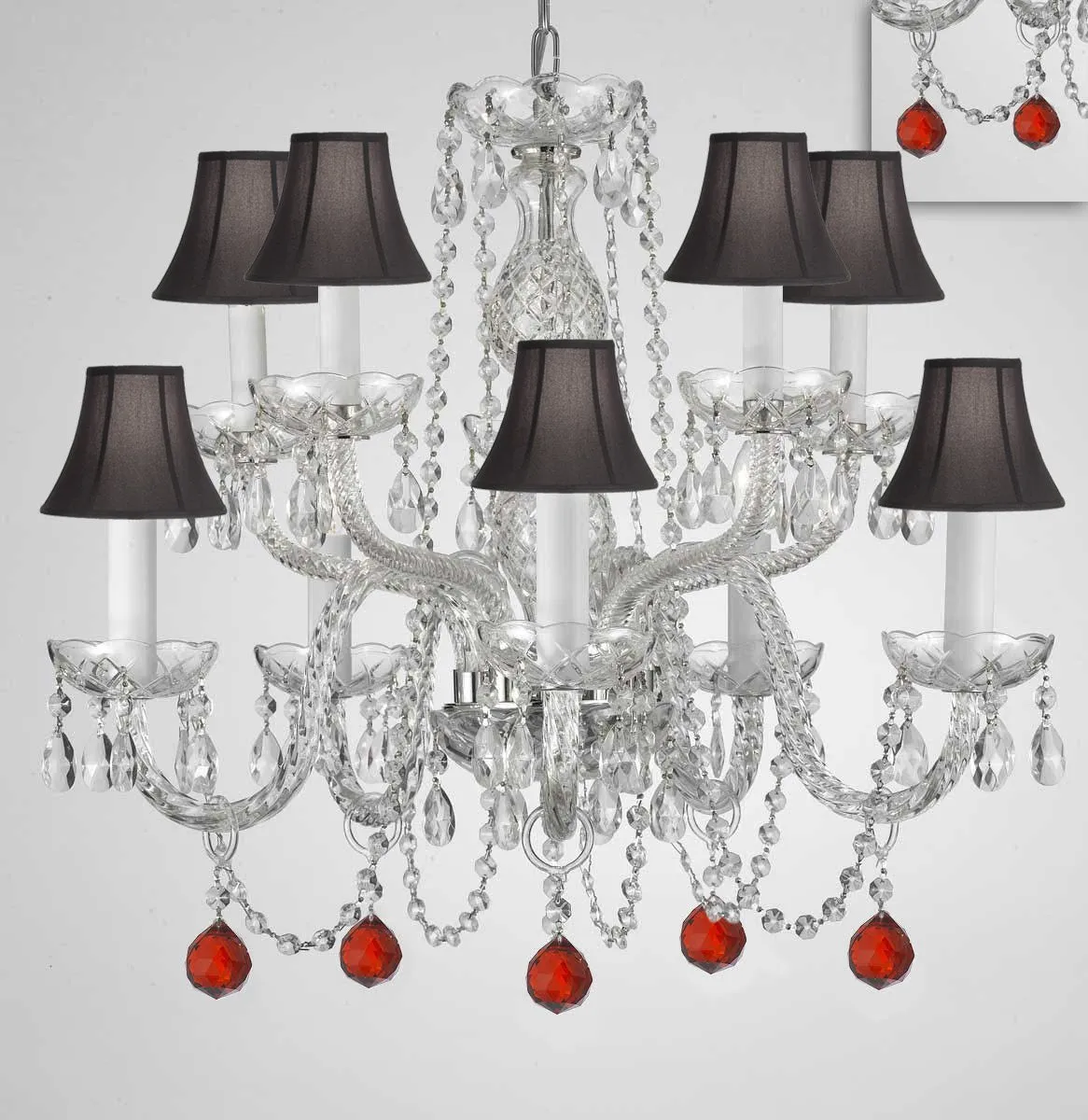 Chandelier Lighting Crystal Chandeliers H25" X W24" 10 Lights - Dressed w/ Ruby Red Crystal Balls! Great for Dining Room, Foyer, Entry Way, Living Room, Bedroom, Kitchen! w/Black Shades - G46-B96/BLACKSHADES/CS/1122/5 5