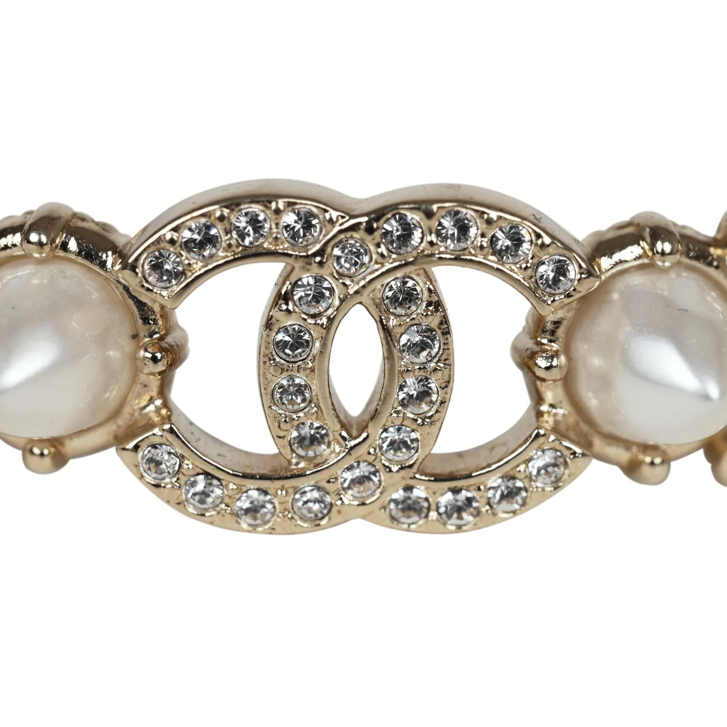 Chanel CC Spiked Crystal and Pearl Cuff Bracelet Light Gold Hardware