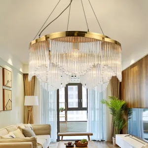 Contemporary Crystal Curtain Chandelier Light with 5 Clear Glass Heads for Living Room Ceiling Pendant