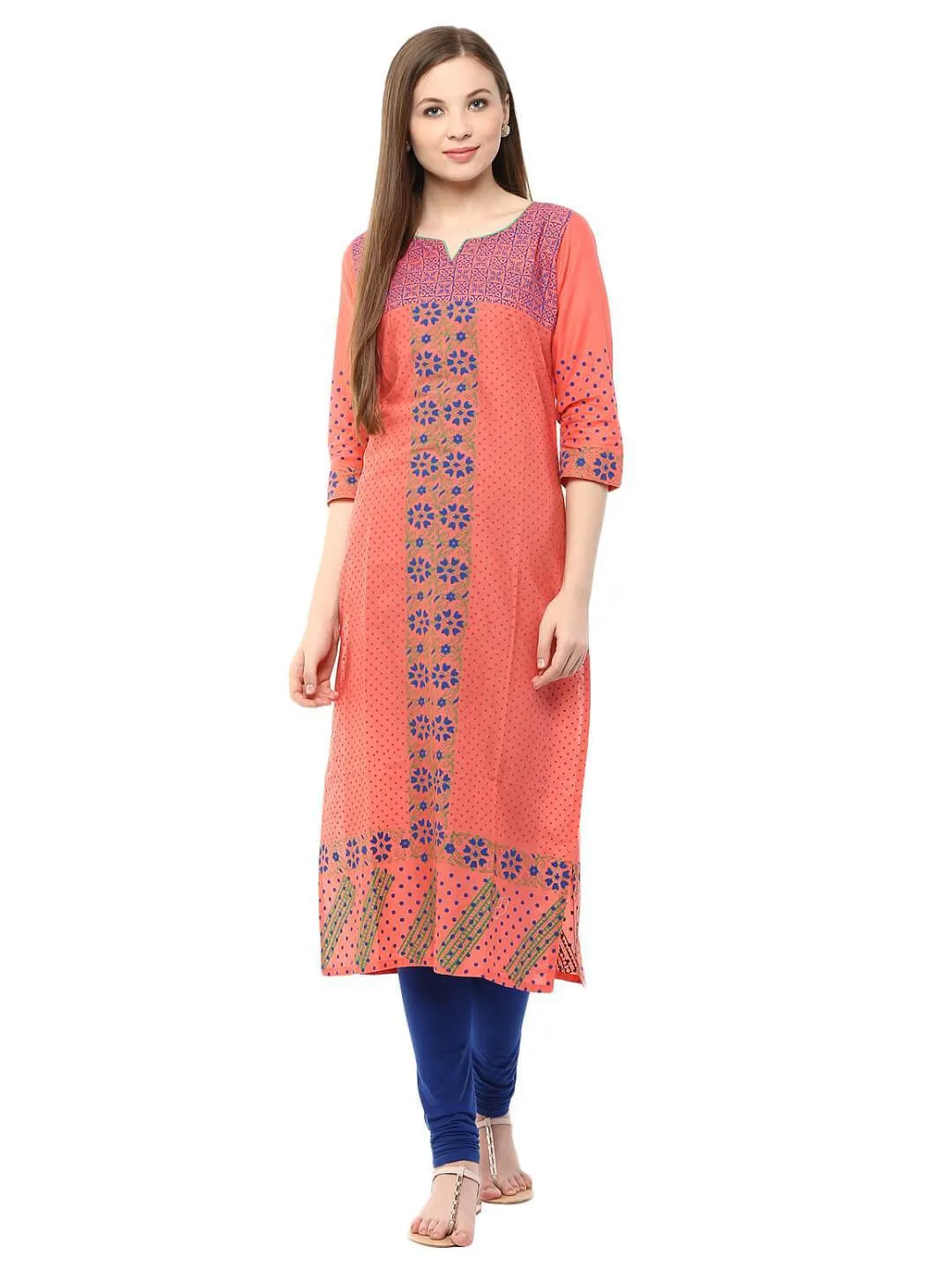 Coral Pink Floral Ajrakh Hand Block Cotton Printed Straight Kurta - Bhor