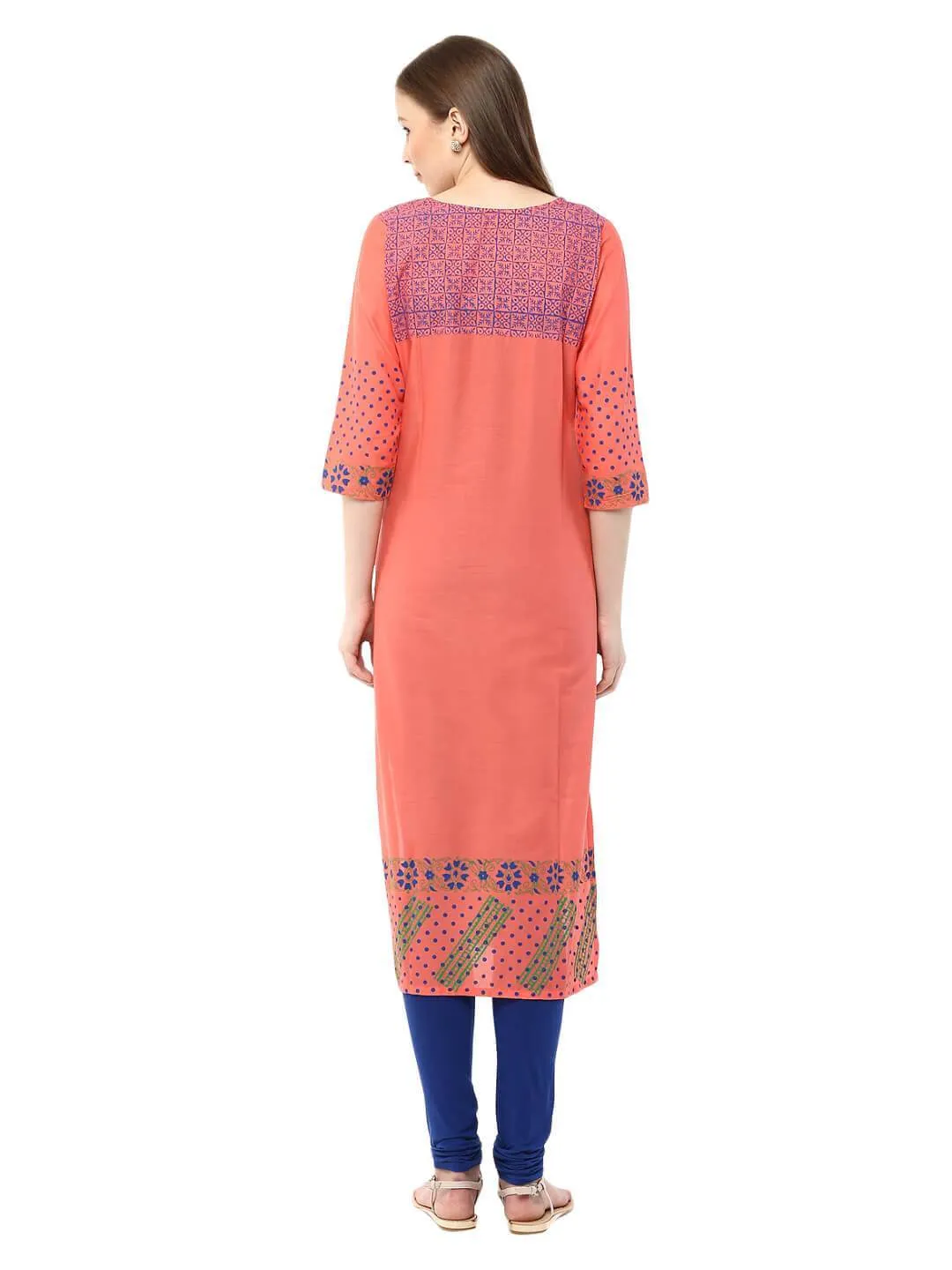 Coral Pink Floral Ajrakh Hand Block Cotton Printed Straight Kurta - Bhor