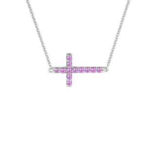 Created Pink Sapphire Sideways Cross Necklace in Silver