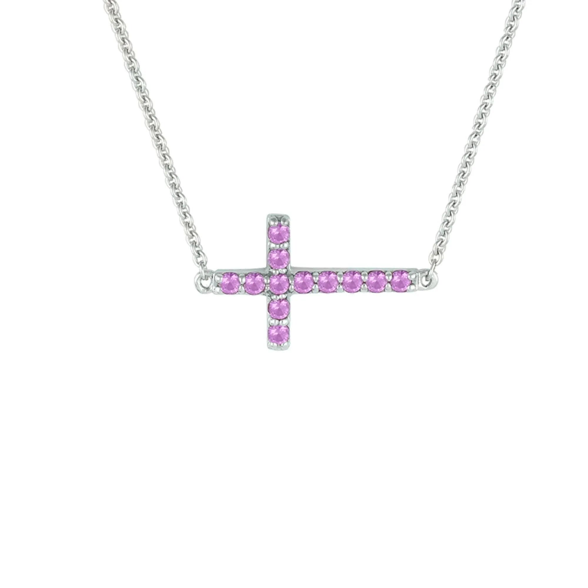 Created Pink Sapphire Sideways Cross Necklace in Silver