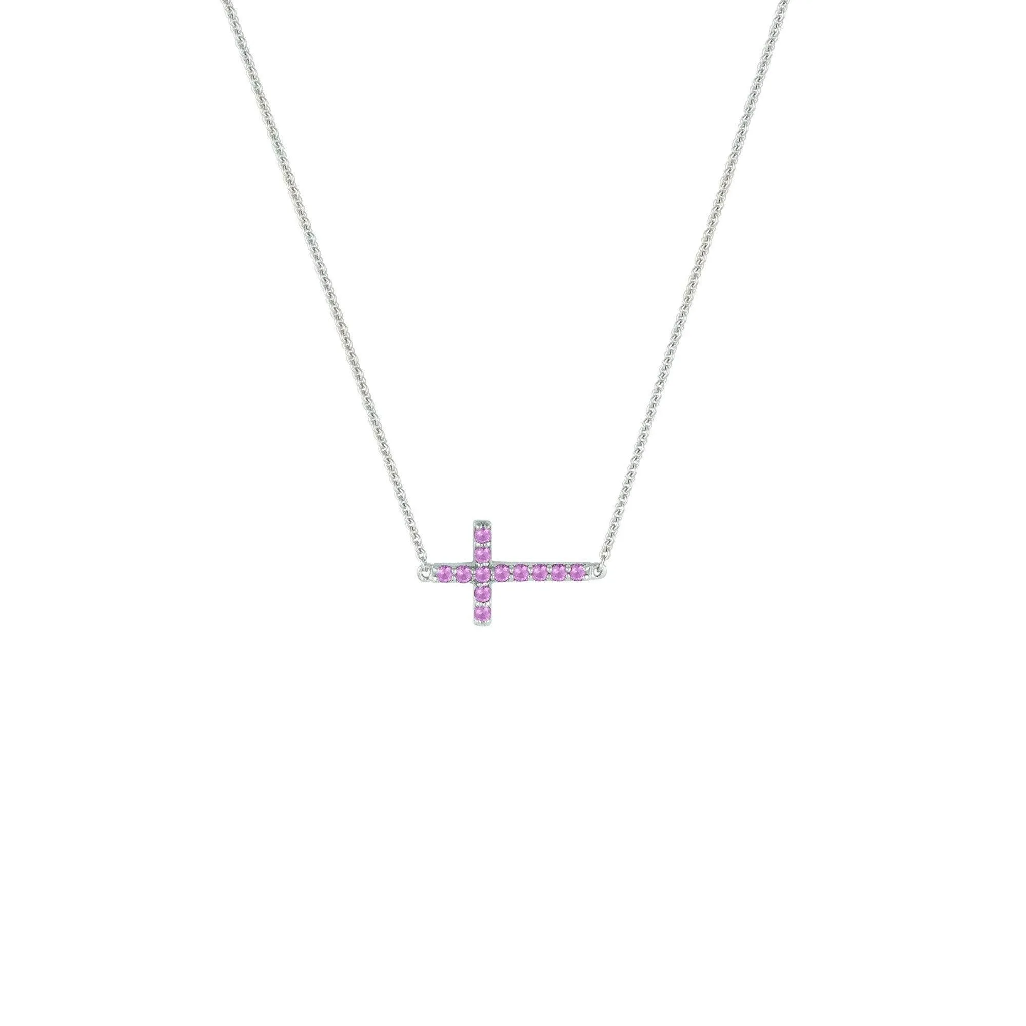 Created Pink Sapphire Sideways Cross Necklace in Silver