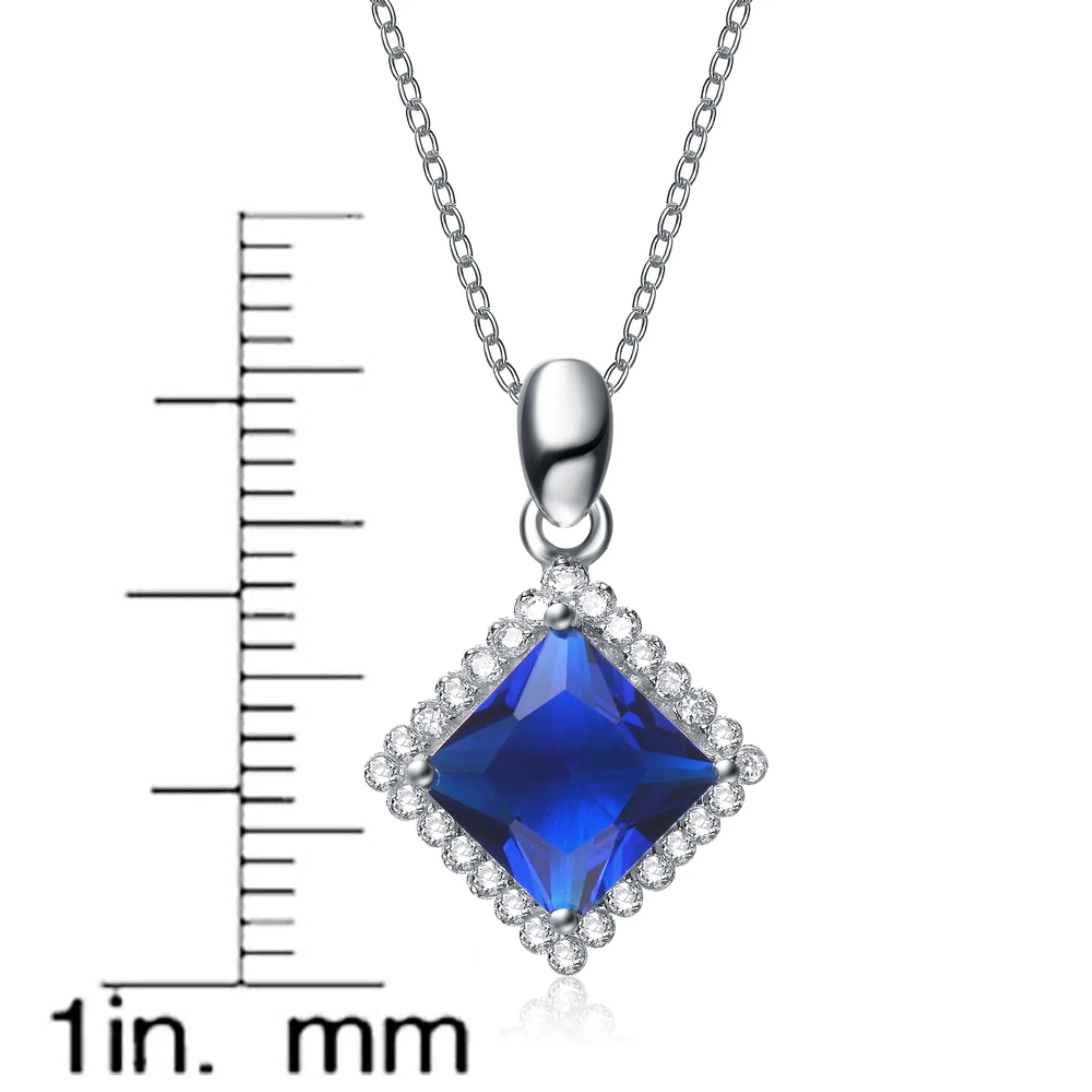 Cubic Zirconia Sterling Silver Rhodium Plated Sapphire Square Shape Drop Pendant