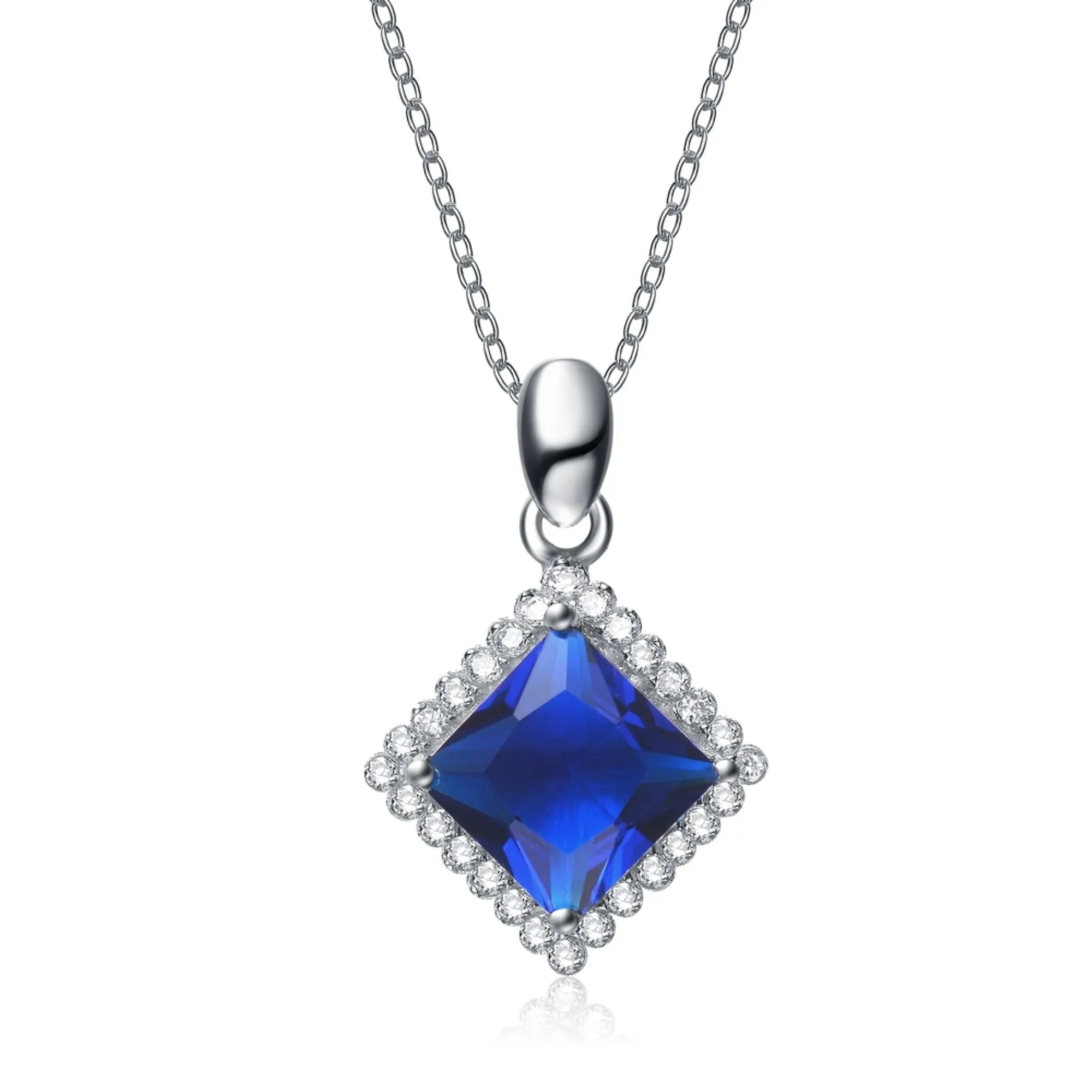 Cubic Zirconia Sterling Silver Rhodium Plated Sapphire Square Shape Drop Pendant