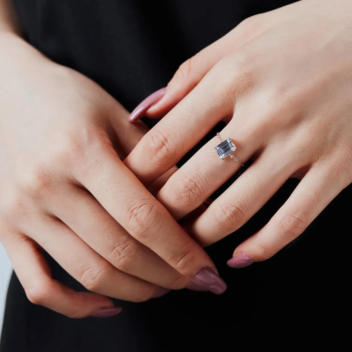 Dainty Emerald Cut Sparkle Adjustable Chain Ring