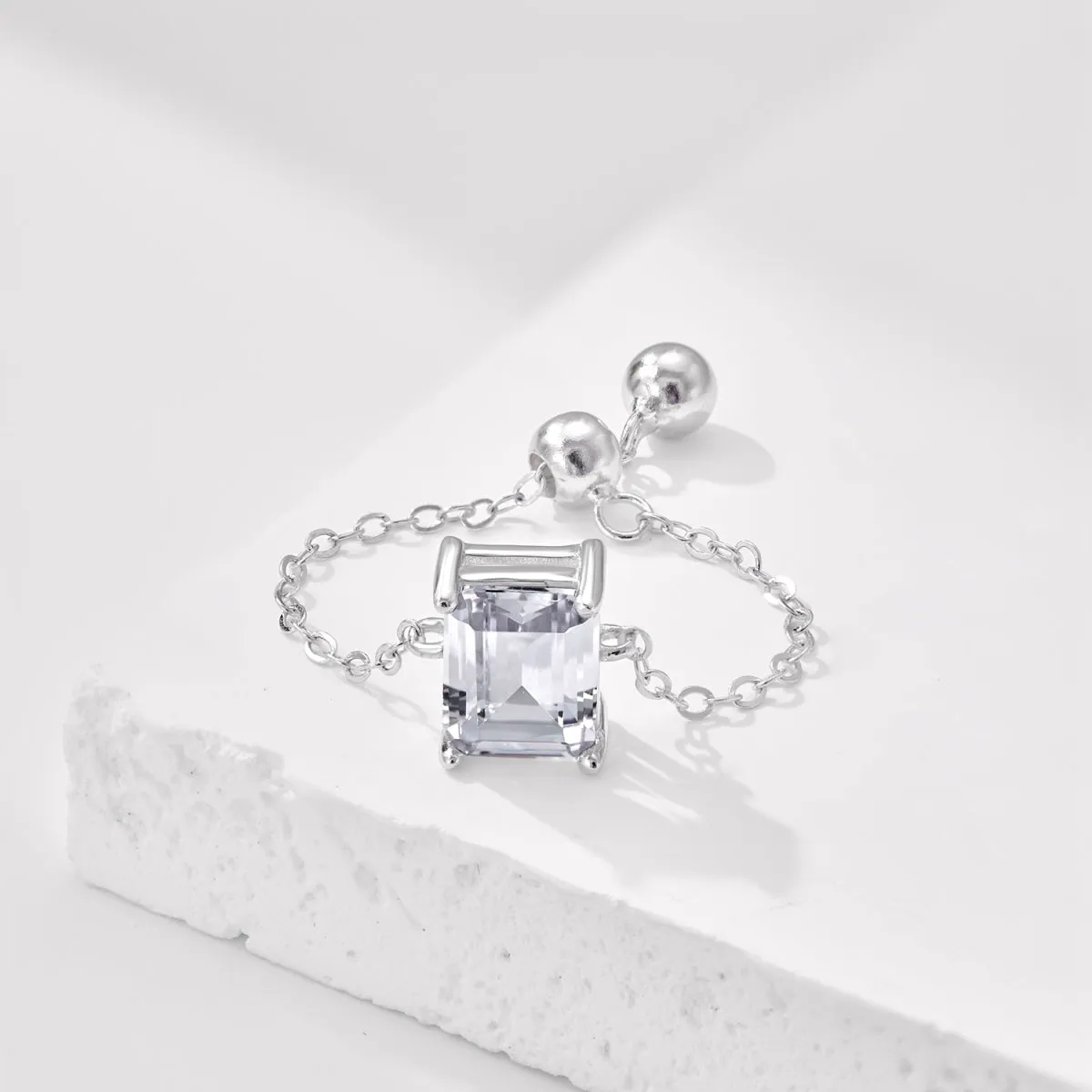 Dainty Emerald Cut Sparkle Adjustable Chain Ring