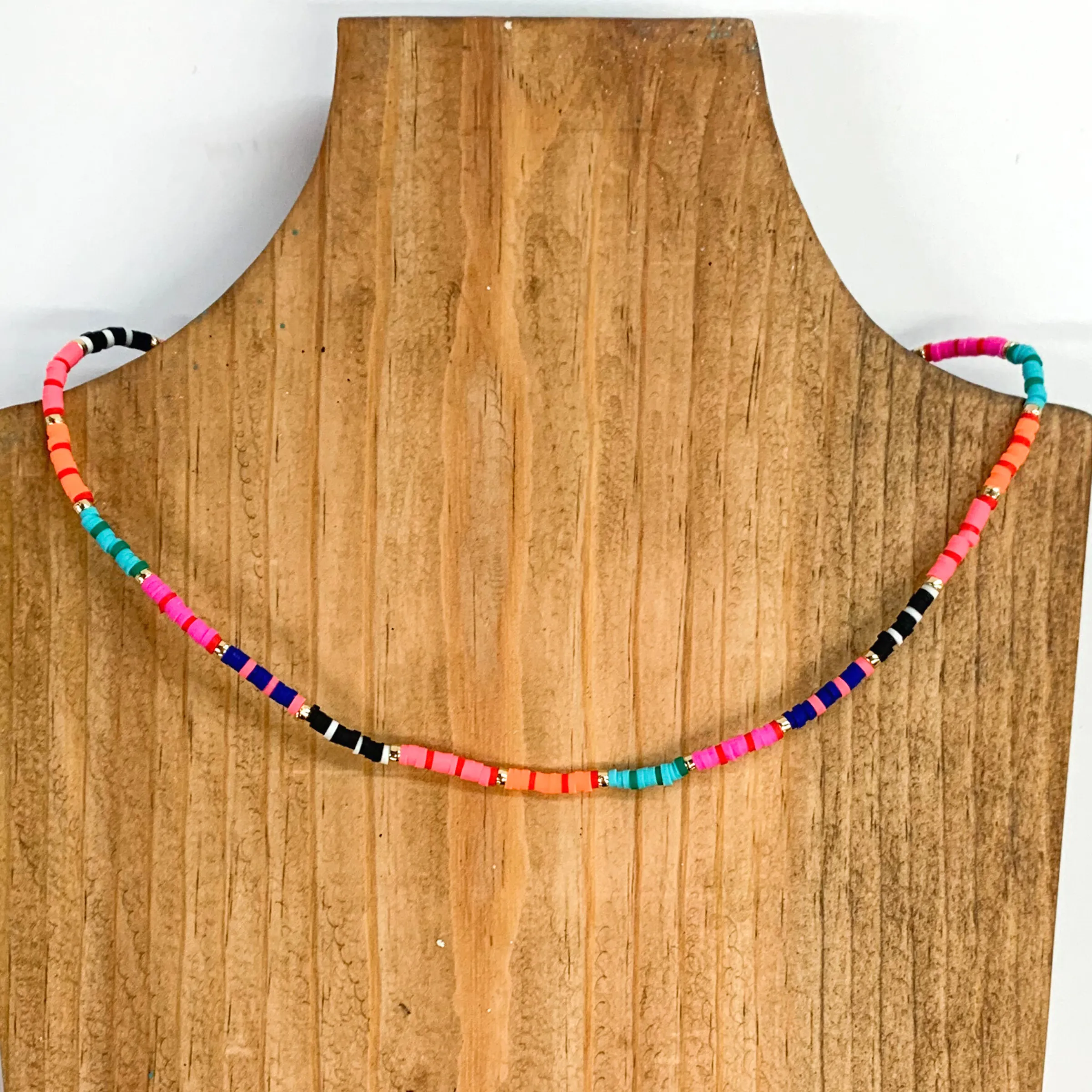 Disc Beaded Necklace with Gold Tone Spacers in Neon Multicolored