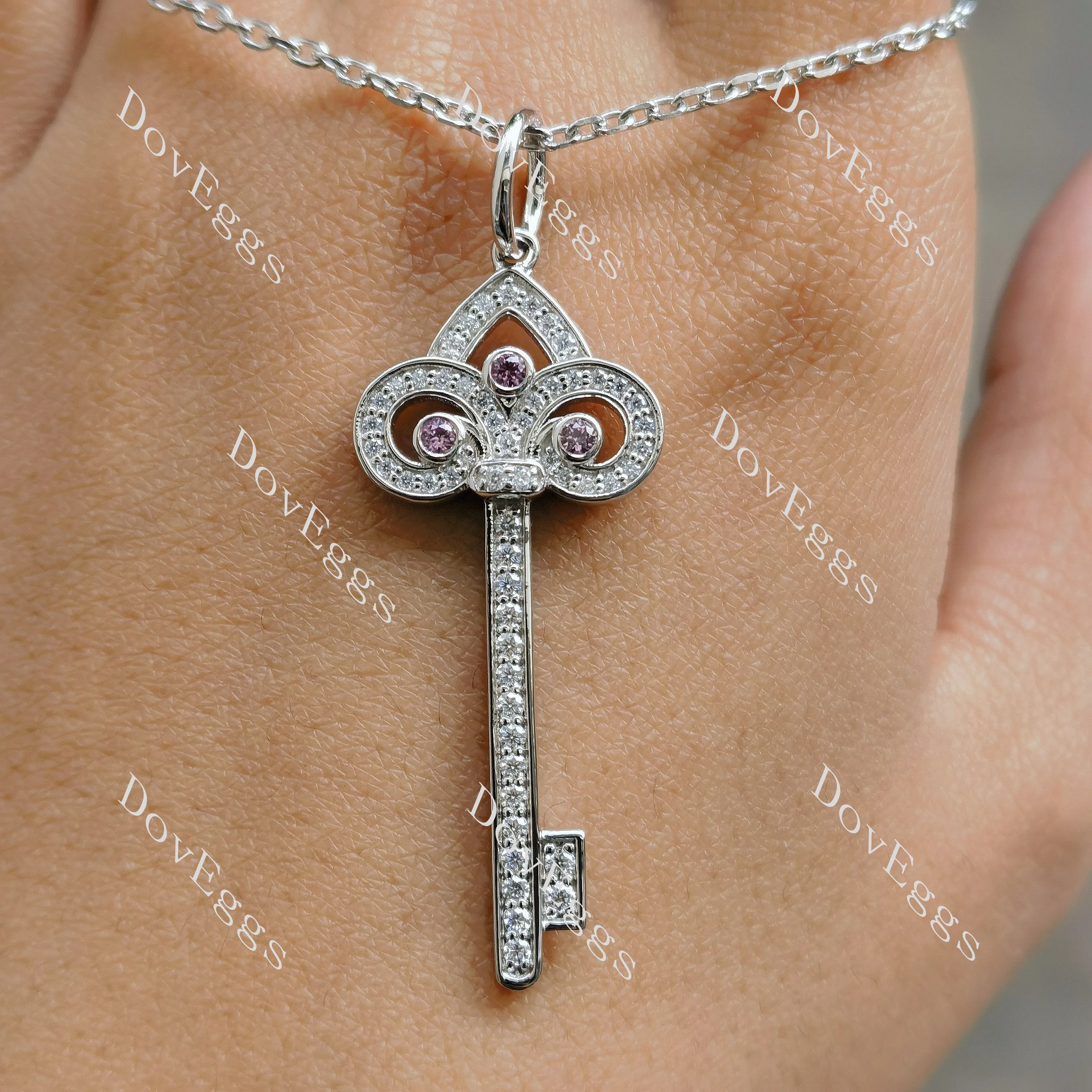 Doveggs round moissanite & colored gem fleur de lis key pendant necklace(pendant only)