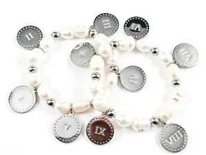 Elegant 2 Piece Set Double Sided Ten Commandment Disc With Pearl Stretch Steel Bracelet