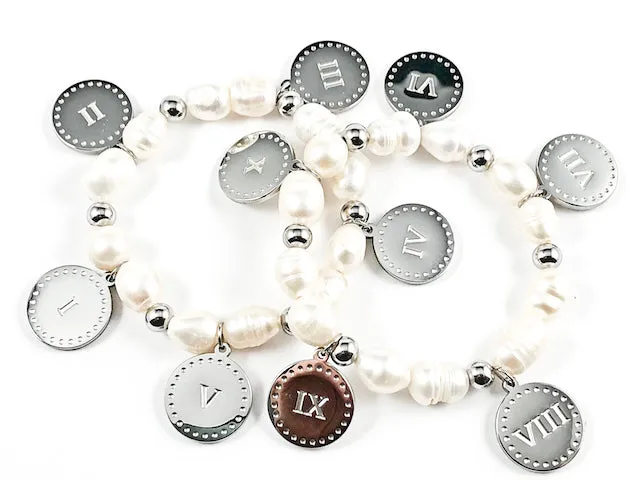 Elegant 2 Piece Set Double Sided Ten Commandment Disc With Pearl Stretch Steel Bracelet