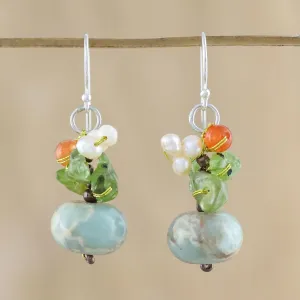 Exotic Cluster in Blue Multi-Gem Dangle Earrings