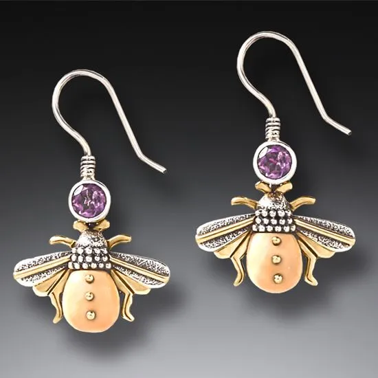 Fossilized Walrus Tusk Amethyst Bee Earrings - Amethyst Bees