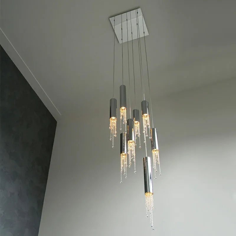 Foyer Staircase Chrome Ceiling Light Fixture Silver Crystal Pendant Chandelier For Hallway Entrance