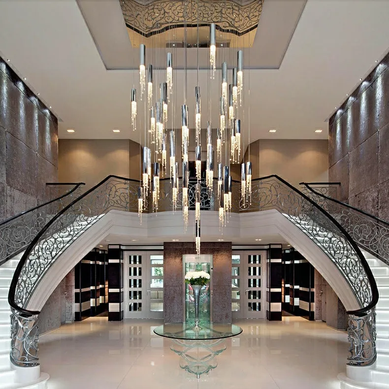 Foyer Staircase Chrome Ceiling Light Fixture Silver Crystal Pendant Chandelier For Hallway Entrance