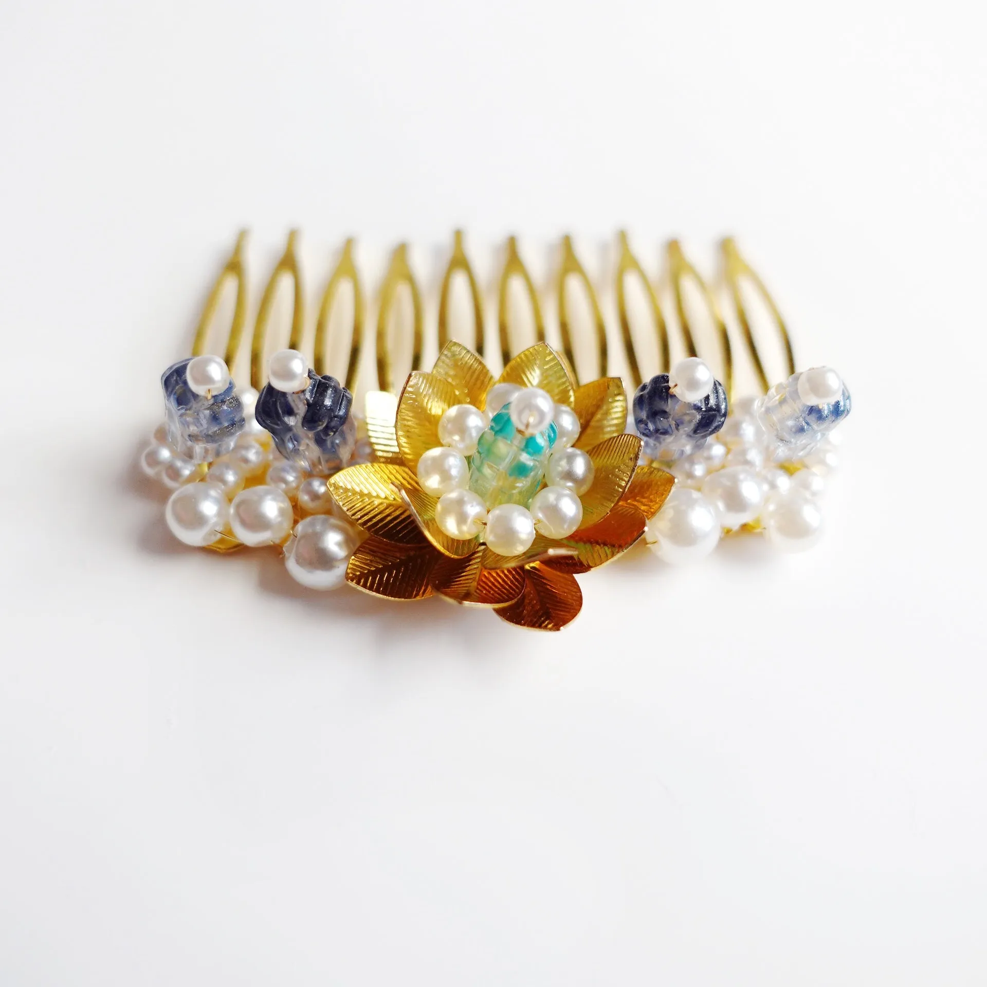 Gold and Blue Lotus Tiara Comb