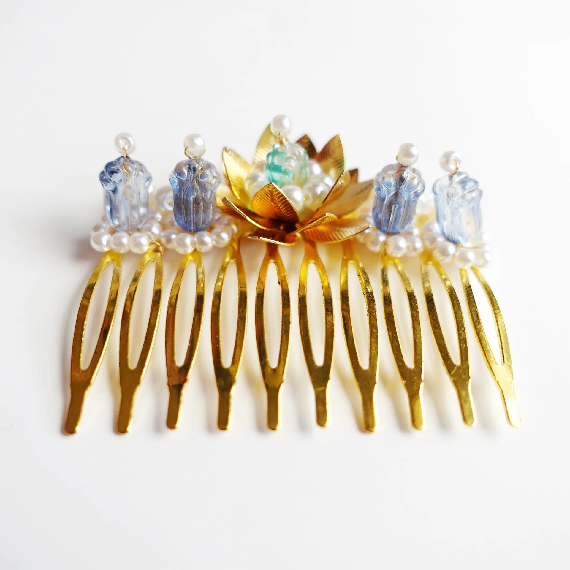 Gold and Blue Lotus Tiara Comb