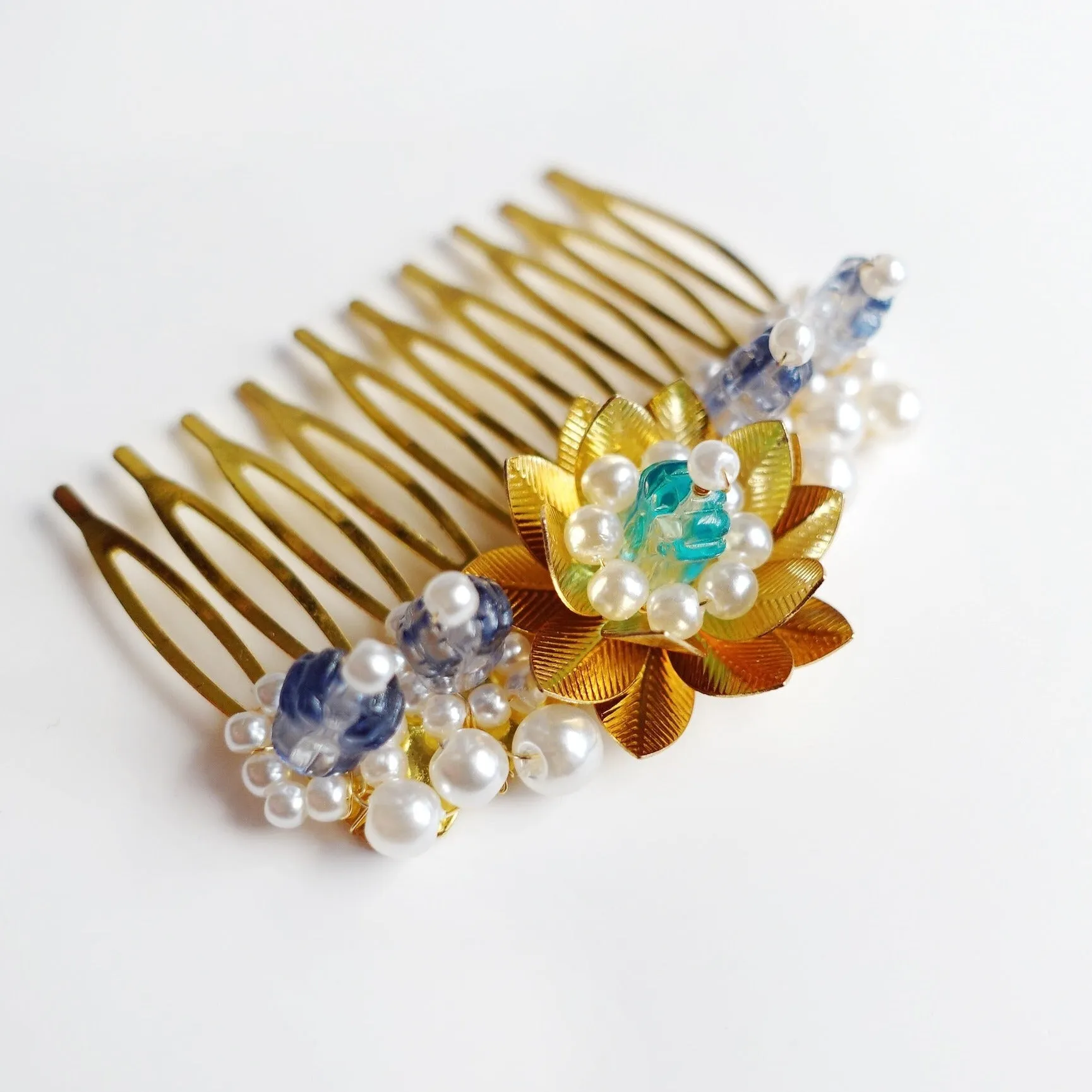 Gold and Blue Lotus Tiara Comb