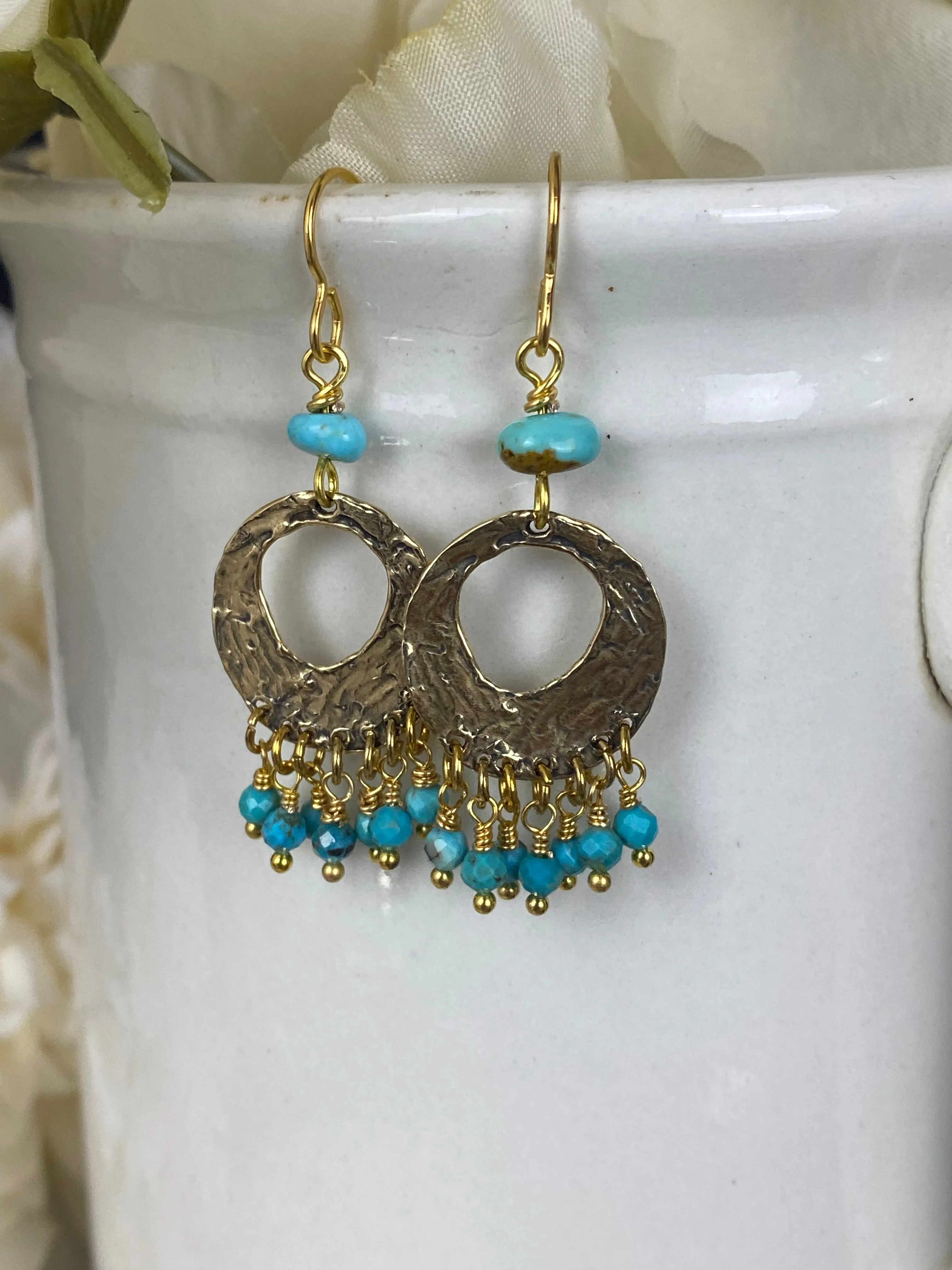 Gold hammered hoops, turquoise stone, earrings, jewelry