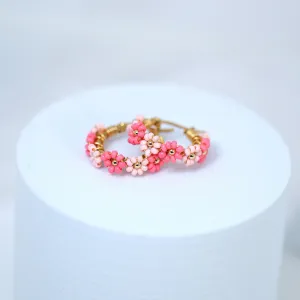 Gold Pink Color Beaded Hoop Earrings, Bridal Earrings, Wedding Guest Earrings, Statement Earrings.