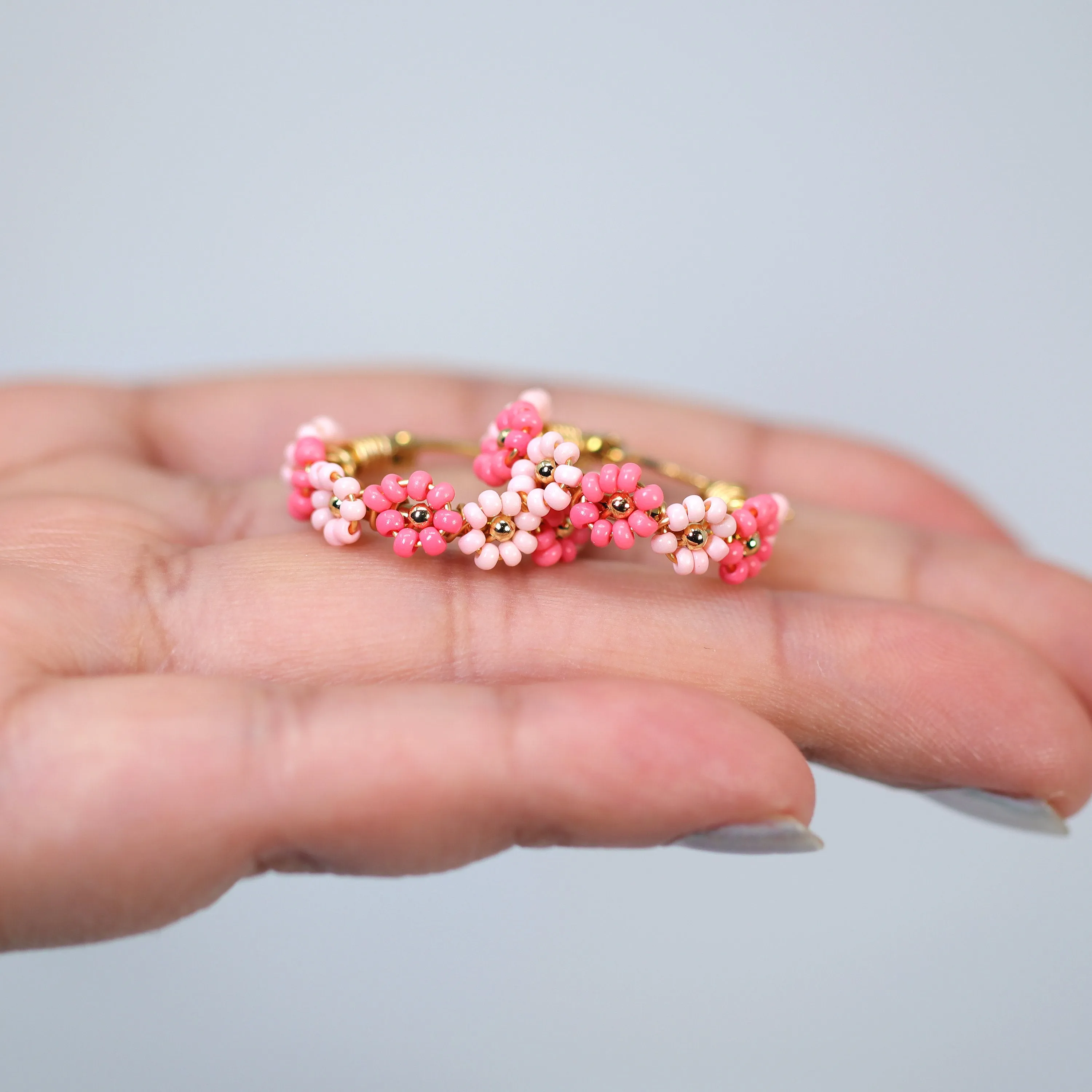 Gold Pink Color Beaded Hoop Earrings, Bridal Earrings, Wedding Guest Earrings, Statement Earrings.