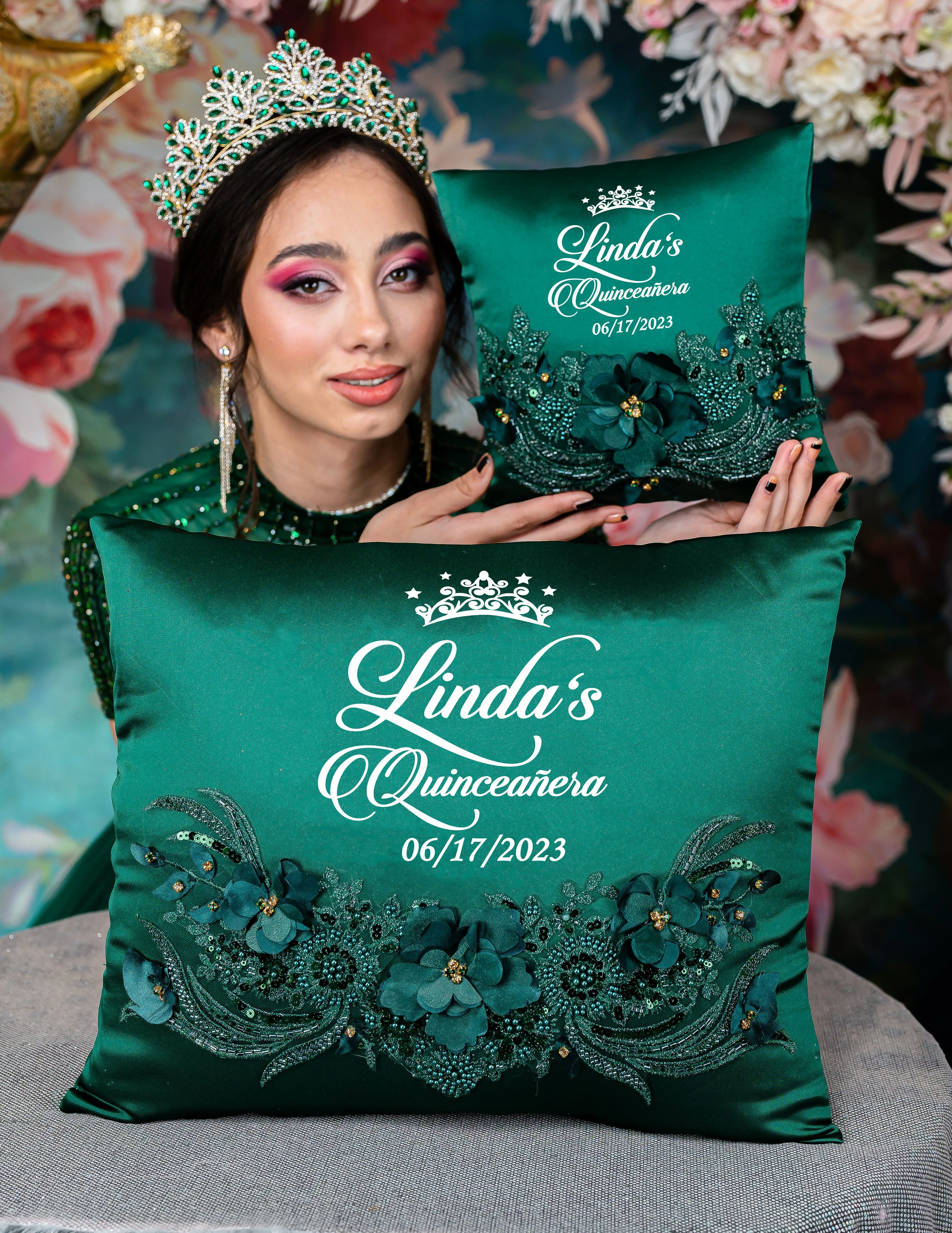 Green with Silver quinceanera pillows set