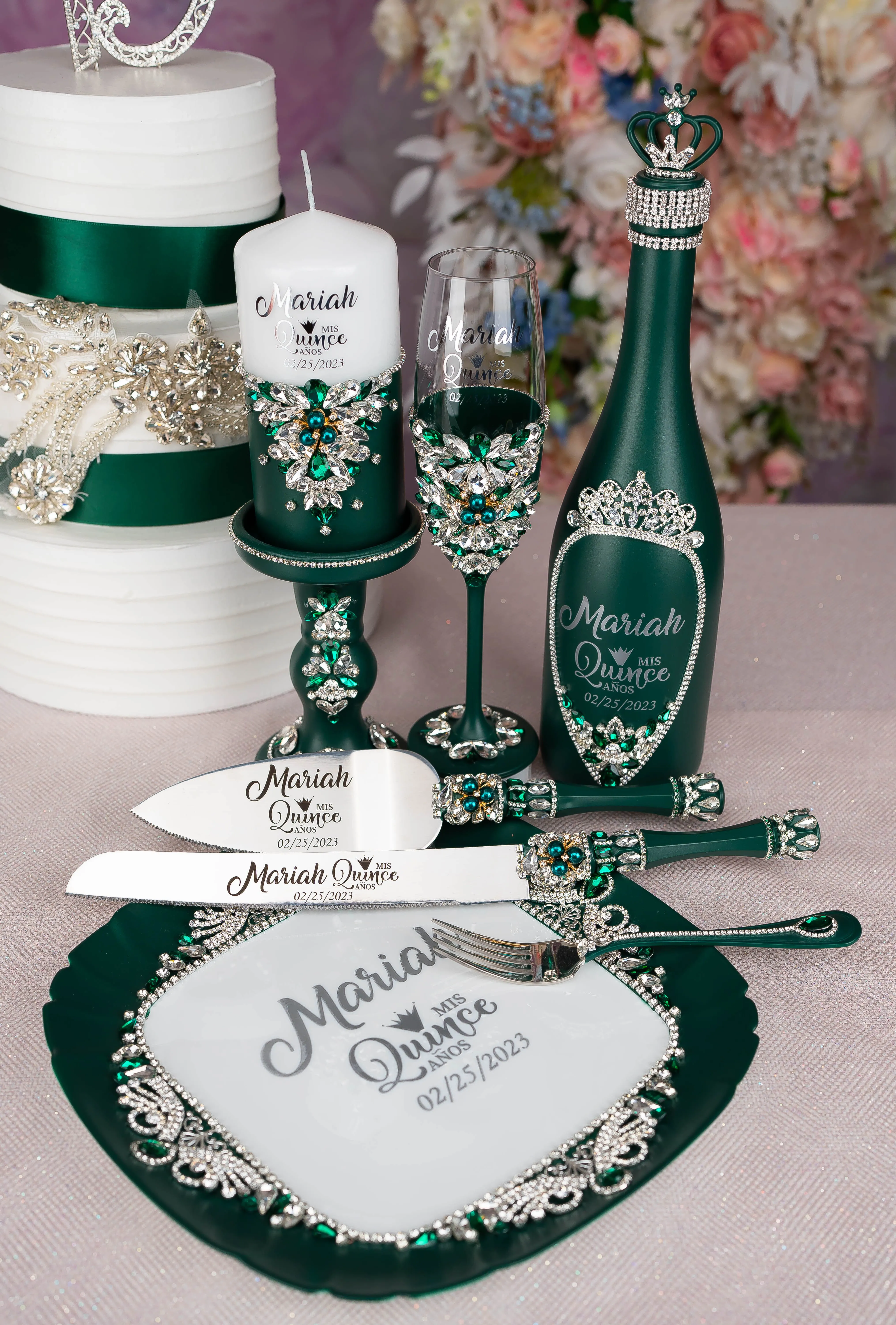 Green with Silver quinceanera pillows set