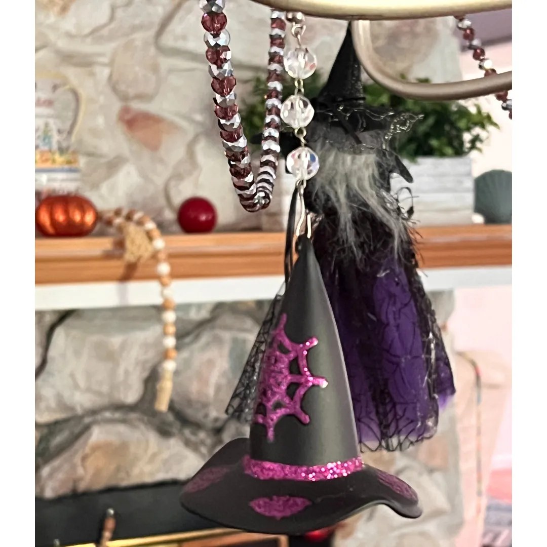 HALLOWEEN CHANDELIER MAKEOVER KIT - (3) Witch Hat   (3) 12" Purple/Silver Crystal Bead Garland