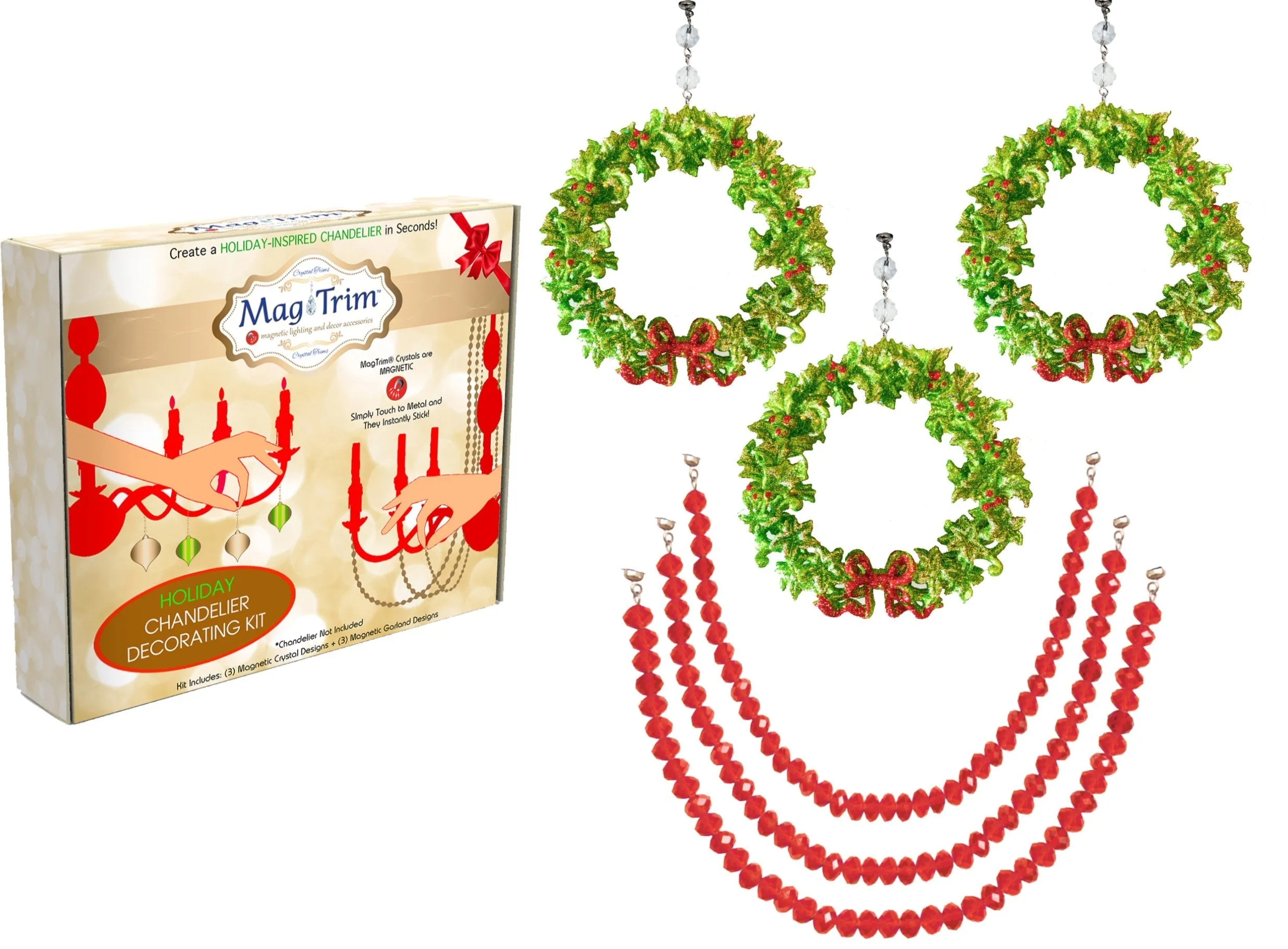 HOLIDAY CHANDELIER MAKEOVER KIT - (3) Bow Wreath   (3) 12" Dark Red Bead Crystal Garland