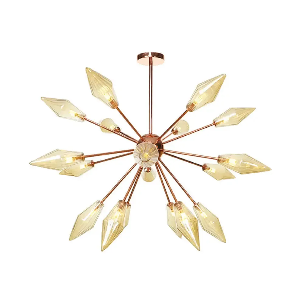 Industrial Diamond Glass Chandelier Lamp - 9/12/15 Lights - Hanging Ceiling Fixture with Starburst Design - Amber/Clear