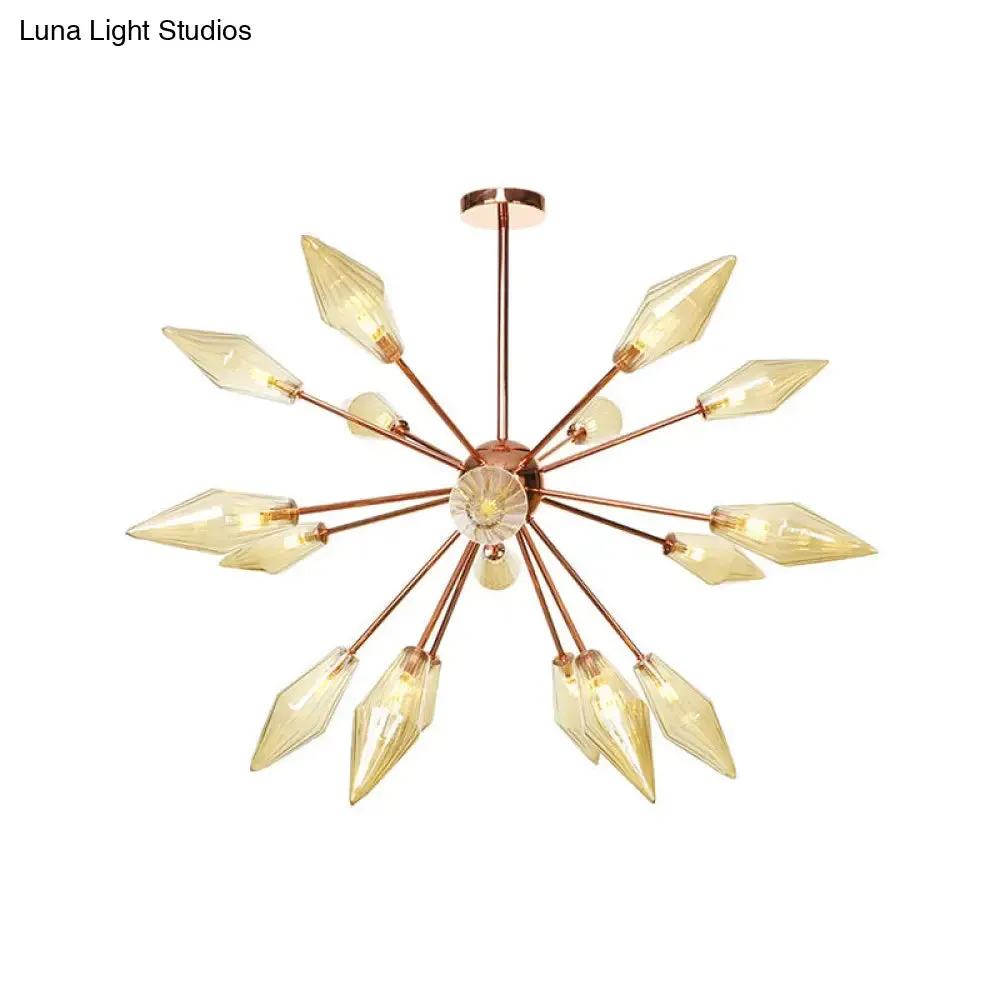 Industrial Diamond Glass Chandelier Lamp - 9/12/15 Lights - Hanging Ceiling Fixture with Starburst Design - Amber/Clear