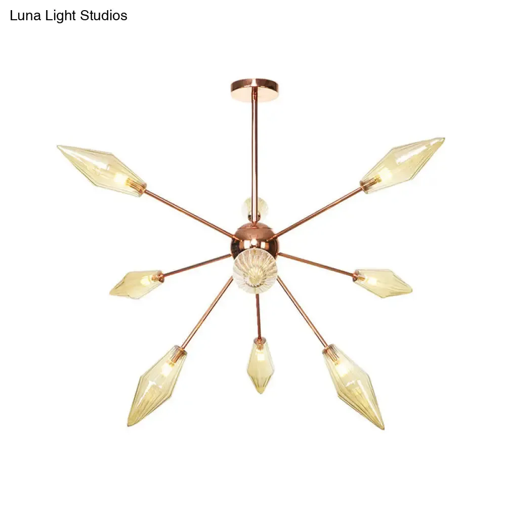 Industrial Diamond Glass Chandelier Lamp - 9/12/15 Lights - Hanging Ceiling Fixture with Starburst Design - Amber/Clear