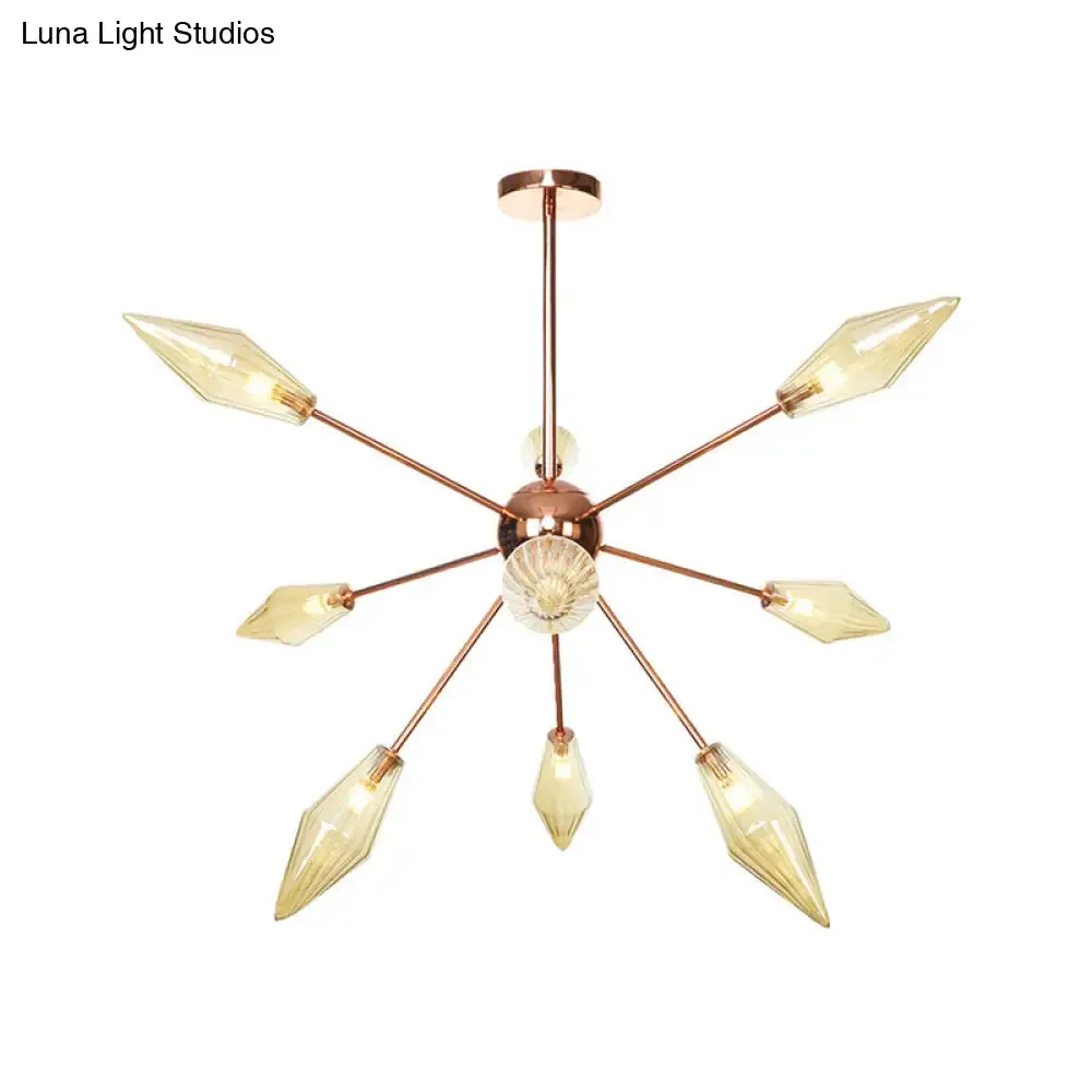 Industrial Diamond Glass Chandelier Lamp - 9/12/15 Lights - Hanging Ceiling Fixture with Starburst Design - Amber/Clear