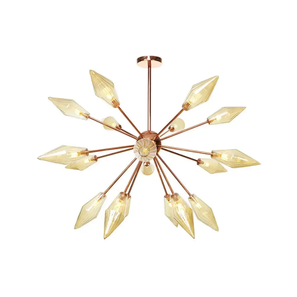 Industrial Diamond Glass Chandelier Lamp - 9/12/15 Lights - Hanging Ceiling Fixture with Starburst Design - Amber/Clear