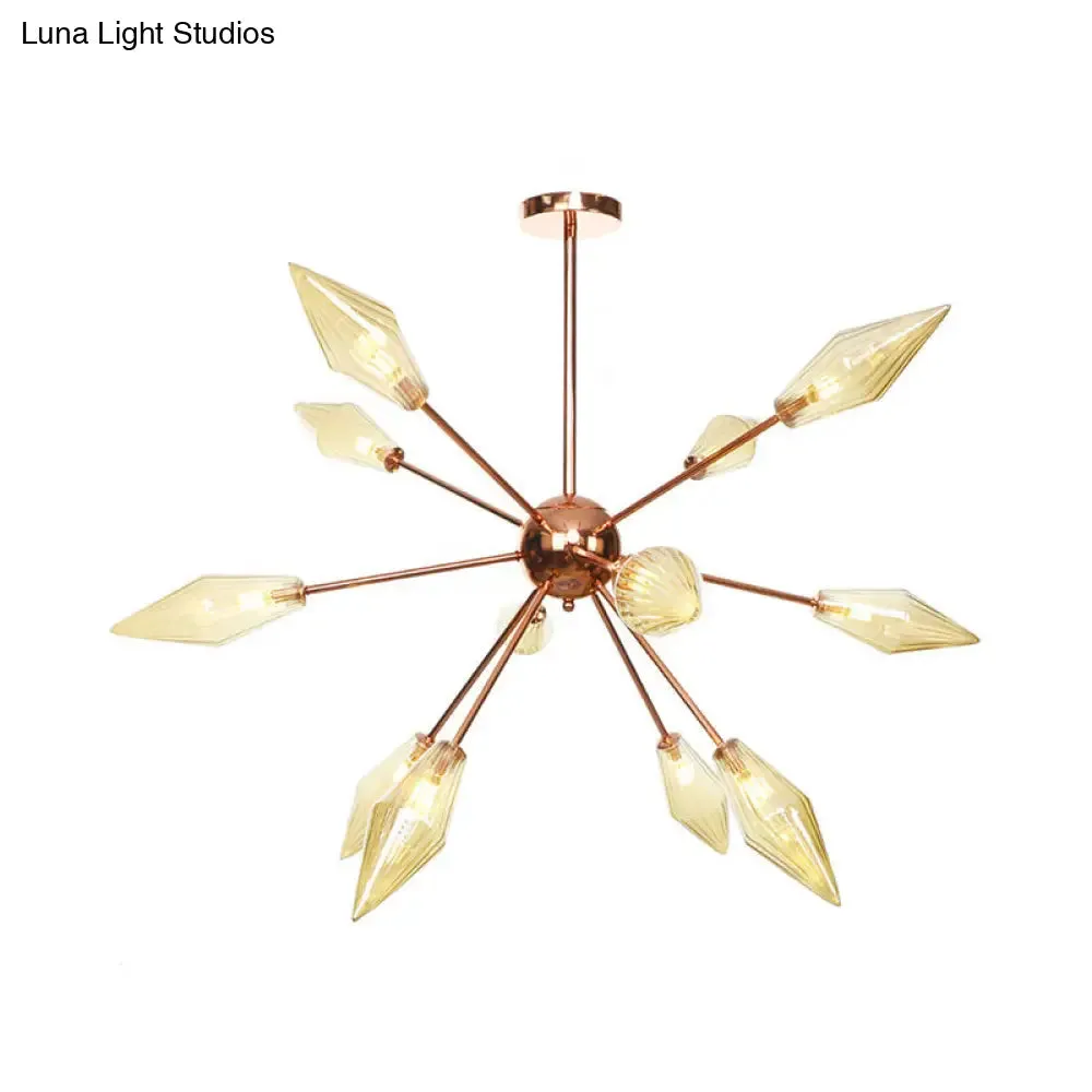 Industrial Diamond Glass Chandelier Lamp - 9/12/15 Lights - Hanging Ceiling Fixture with Starburst Design - Amber/Clear