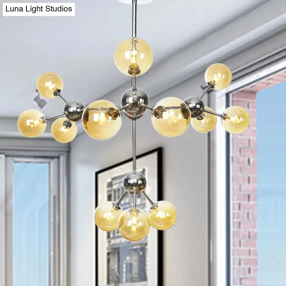 Industrial Style Hanging Chandelier Light - 13"/27.5"/34" W Orbit Shade - Amber/Clear/Smoke Gray Glass - 3/9/12 Lights