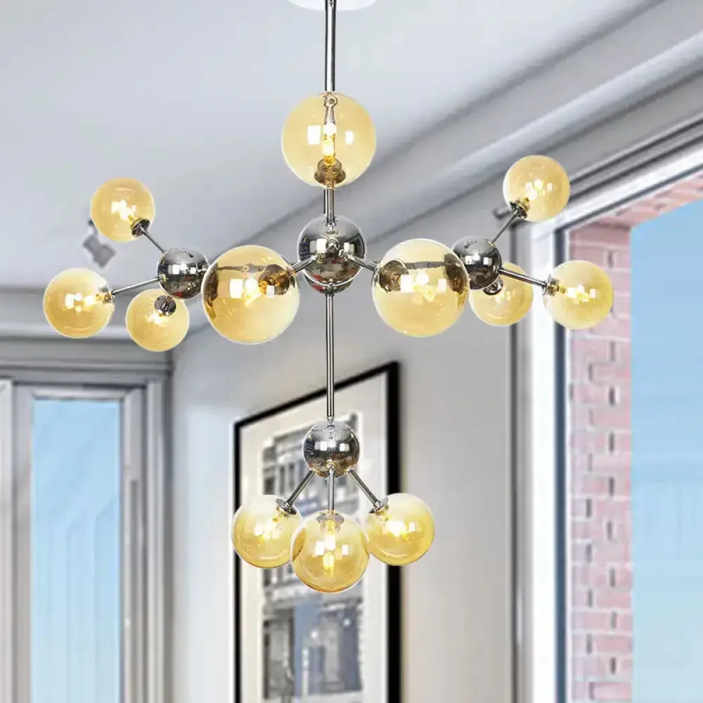 Industrial Style Hanging Chandelier Light - 13"/27.5"/34" W Orbit Shade - Amber/Clear/Smoke Gray Glass - 3/9/12 Lights