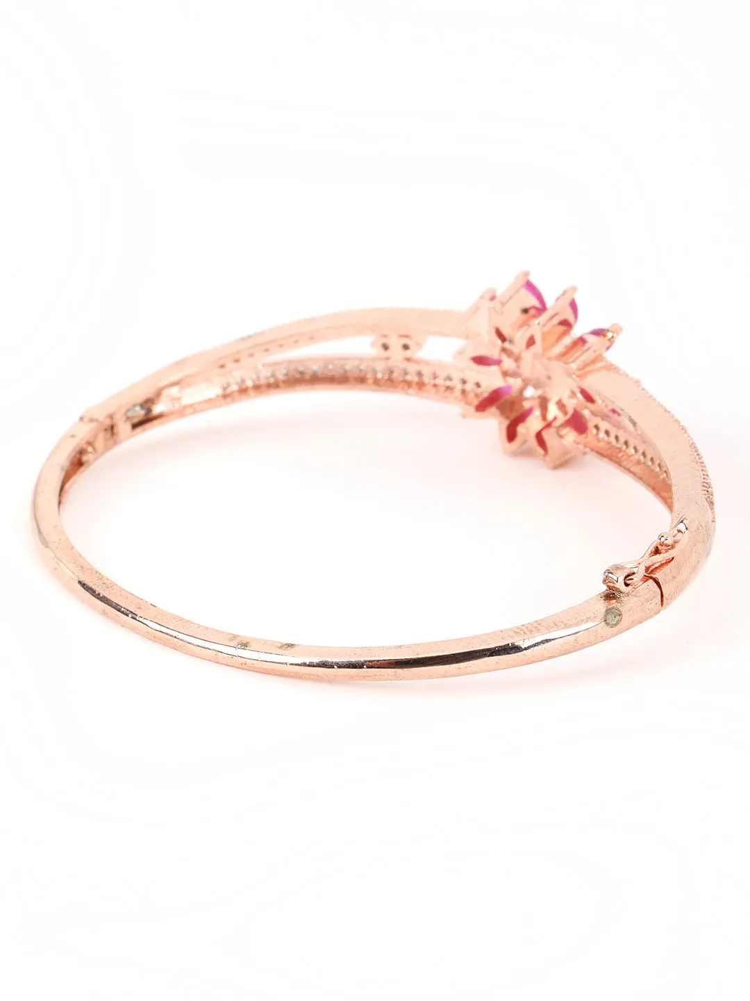 Jazz And Sizzle Rose Gold Plated American Diamond Ruby Studded Floral Patterned Bracelet