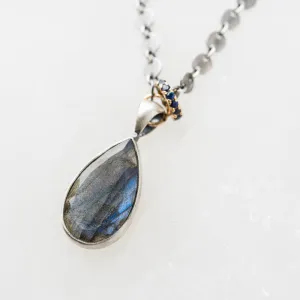 Labradorite Pear Necklace with 14k Sapphire Rondelle on Disc Chain