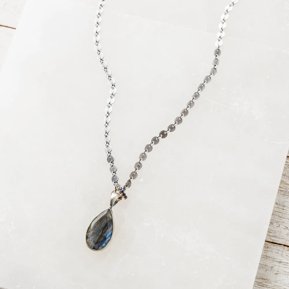 Labradorite Pear Necklace with 14k Sapphire Rondelle on Disc Chain