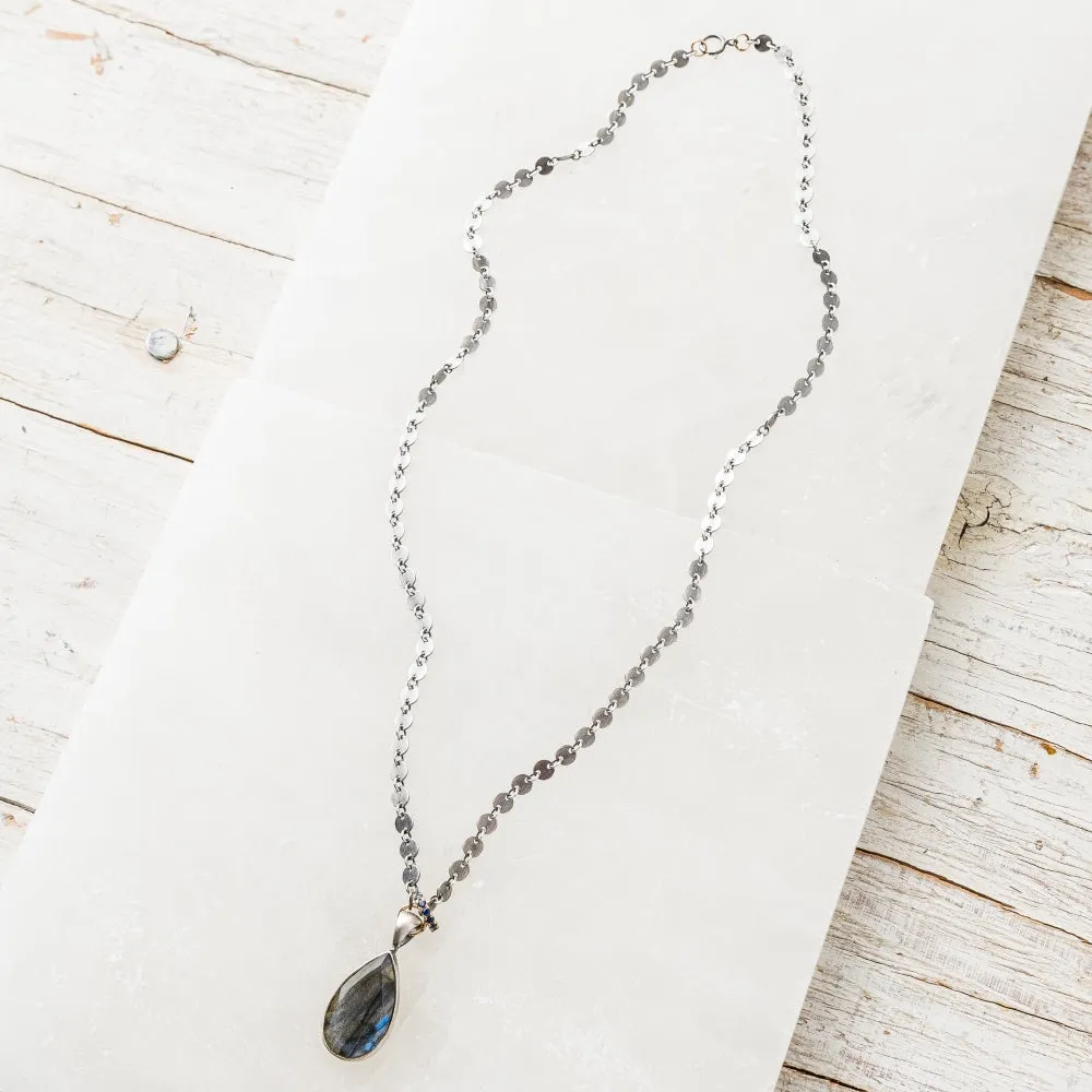 Labradorite Pear Necklace with 14k Sapphire Rondelle on Disc Chain