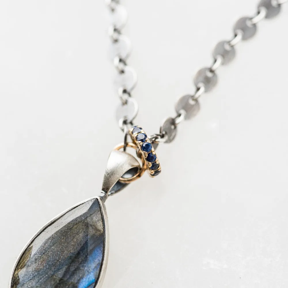 Labradorite Pear Necklace with 14k Sapphire Rondelle on Disc Chain