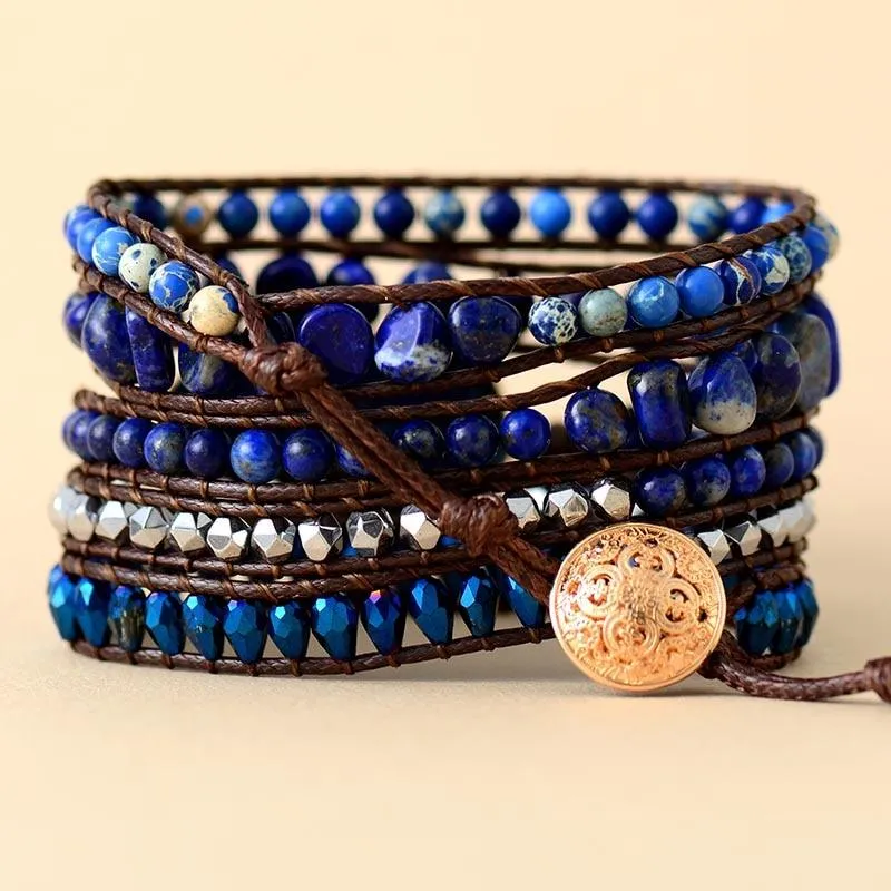 Lapis Lazuli Charm & Jasper Wax Cord Wrap Bracelet