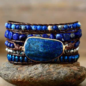 Lapis Lazuli Charm & Jasper Wax Cord Wrap Bracelet