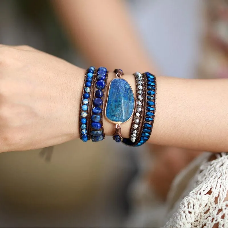 Lapis Lazuli Charm & Jasper Wax Cord Wrap Bracelet