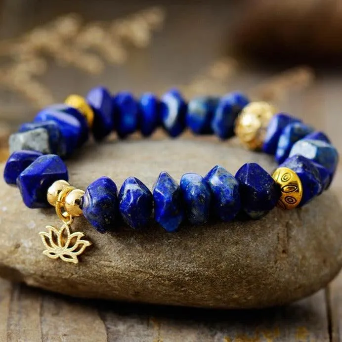 Lapis Lazuli Stretchy Bracelet w/ Lotus Charm