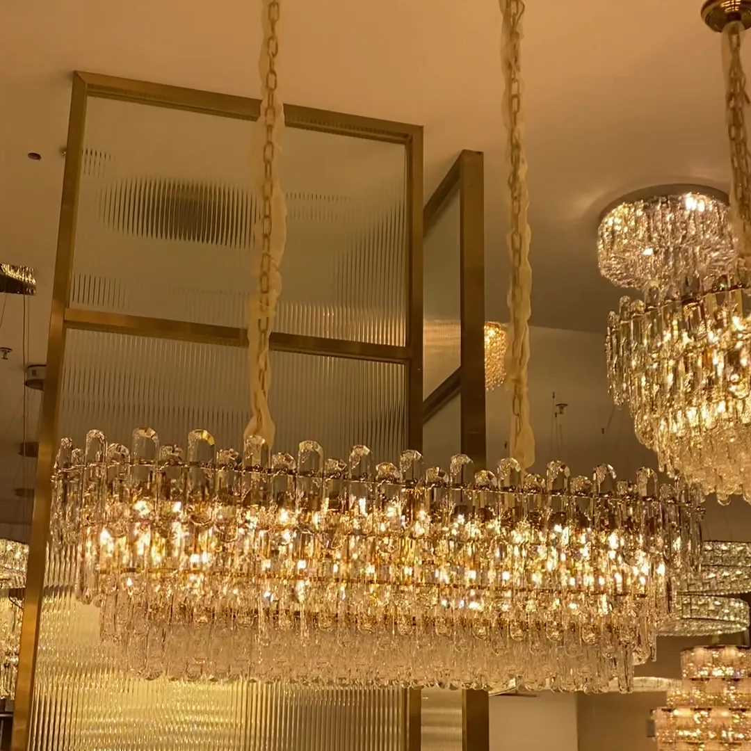 Light Luxury Round/Rectangular Clear Crystal Chandelier in Champagne Gold/Chrome Finish for Living/Dining Room/Bedroom